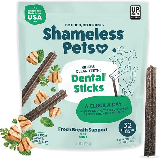 Shameless Pets Dental Treats for Dogs, A Cluck A Day (32 Sticks) - Sticks With Digestive Support for Teeth Cleaning & Fresh Breath - Dog Bones Chews Free From Grain, Corn & Soy