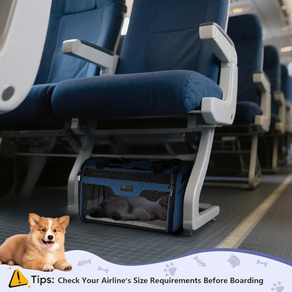 BALEINE Cat Carrier, Puppy Dog Carrier for Small Medium Pets Up to 15 Lbs, Soft-Sided Dog Travel Bag with Safety Zippers, Collapsible Pet Carrying Case (Blue, L, 17"x11"x11")