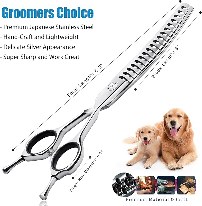 6.5" Upward Curved Dog Chunker Dog Grooming Thinning Scissors Professional Blending Texturizing Trimming Shears for Dog Cat Pet Japanese Stainless Steel Silver