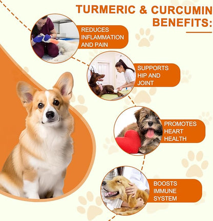Turmeric for Dogs, 180 Turmeric Curcumin Tablets Supports Heart, Immune System Booster, Hip & Joint Support, Dog Pain Relief, Pet Supplement Treats for All Breeds Dogs & Ages - 180 Tablets / 5.1 OZ