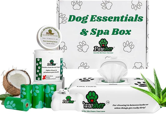 Puppy Essentials Kit | Dog Wipes for Cleaning & Deodorizing | Paw & Nose Balm | Teeth Cleaning Wipes | Poop Bags | Dog Grooming Supplies for in Between Baths