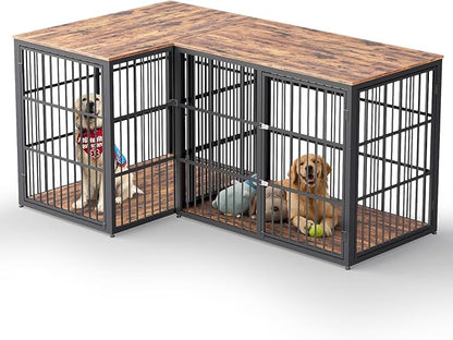 48'' L-Shaped Corner Dog Crate Furniture Large Breed with Double Rooms,Wooden Dog Crate End Table Indoor with Removable Divider for Small to Medium Dogs, Can Use Separately