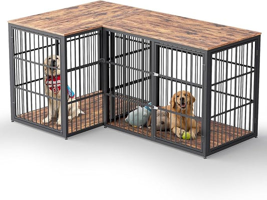 48'' L-Shaped Corner Dog Crate Furniture Large Breed with Double Rooms,Wooden Dog Crate End Table Indoor with Removable Divider for Small to Medium Dogs, Can Use Separately