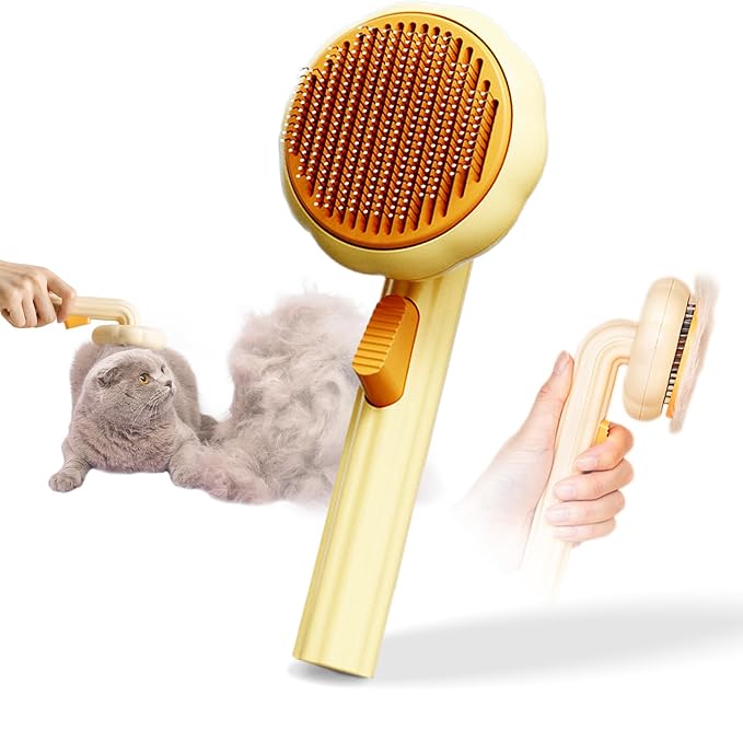 Sunflower Cat Dog Brush (Yellow) - Self Cleaning Cat Brush, Pet Grooming Shedding Brush for Long and Short Haired Dogs Cats