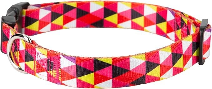 Mile High Life Dog Collar | Cute Puppy Collars | Lightweight Girl Dog Collar | Soft Boy Dog Collars | w Geometric Ocean Wavy Pattern (Red/White Plaid, Large)