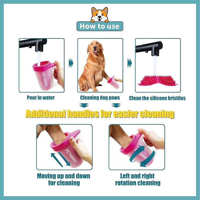 Dog Paw Cleaner with Handle, 2 Absorbent Towels & 2 Adjustable Bath Brushes for Short and Long Hair Pets - Muddy Foot Washer, Pink, Large