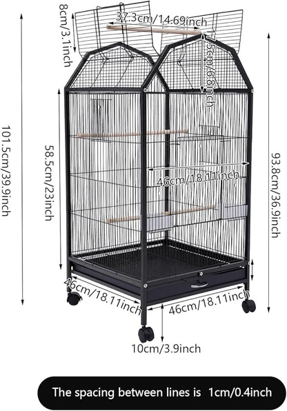 39.9'' Iron Parakeet Bird Cage, Pet Bird Flight Cages with Rolling Stand for Conures Lovebirds Cockatiels Finches Parrot Pet House, Small to Medium Birds