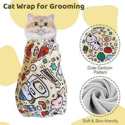 Cat Wrap for Grooming, Self-Adhesive Cat Swaddle Wrap with Nail Clipper, Soft Calming Pet Blanket Anti-Escape Grooming Bag for Cats and Dogs Up to 11lbs (Animal 2)