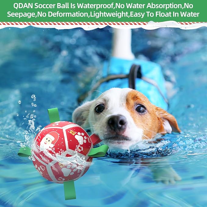 QDAN Christmas Dog Toys Soccer Ball with Straps, Outdoor Interactive Dog Toys for Tug of War, Puppy Birthday Gifts, Dog Tug Toy, Dog Water Toy, Durable Dog Balls for Small Dogs（5 Inch）