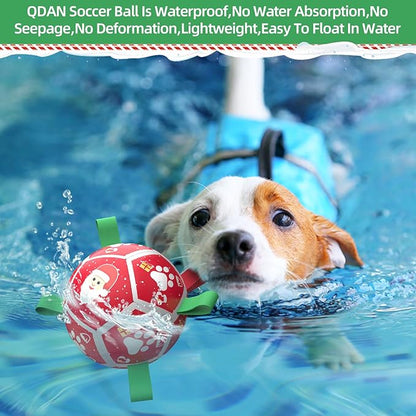 QDAN Christmas Dog Toys Soccer Ball with Straps, Outdoor Interactive Dog Toys for Tug of War, Puppy Birthday Gifts, Dog Tug Toy, Dog Water Toy, Durable Dog Balls for Small Dogs（5 Inch）