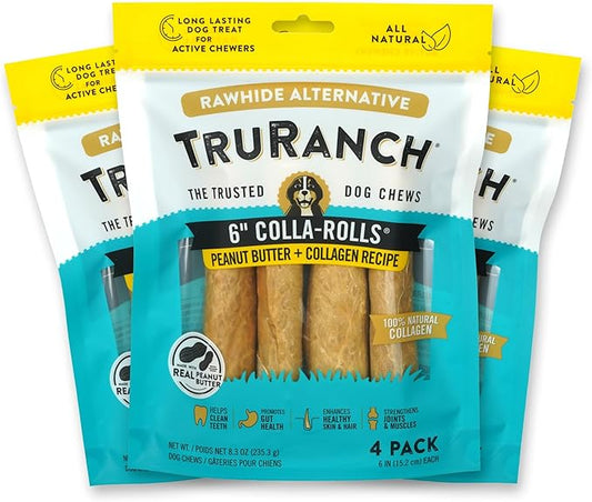 TRURANCH Collagen Rolls - 6" Collagen Rolls for Dogs - Long Lasting Healthy Joint Support - Rawhide Alternative - Skin & Coat Health - Made with Real Peanut Butter, Value Pack, 3 Bags, 12 Count