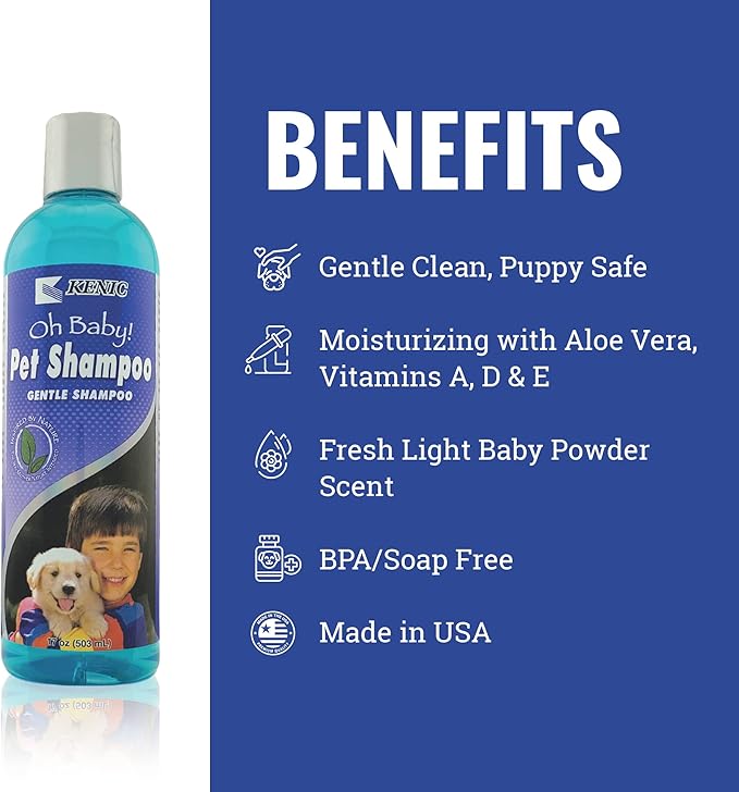 Kenic Oh Baby Puppy and Dog Shampoo, Gentle Formula with Light Baby Powder Scent, Soap and Paraben Free, Tear-Free and Moisturizing, Made in USA for Sensitive Skin and Frequent Use
