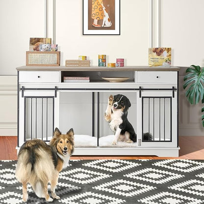 3-in-1 Double Dog Crate Furniture, 66.1 Inch White Furniture Kennel for Large Dogs with Divider, Dog Kennel Dog Crates TV Stand with 2 Drawers and Sliding Doors