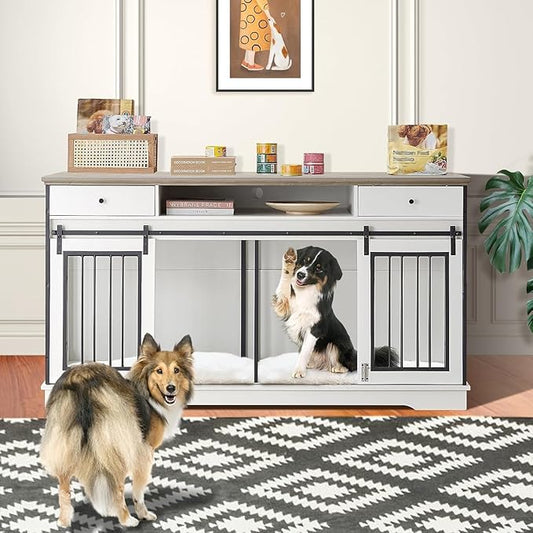 3-in-1 Double Dog Crate Furniture, 66.1 Inch White Furniture Kennel for Large Dogs with Divider, Dog Kennel Dog Crates TV Stand with 2 Drawers and Sliding Doors