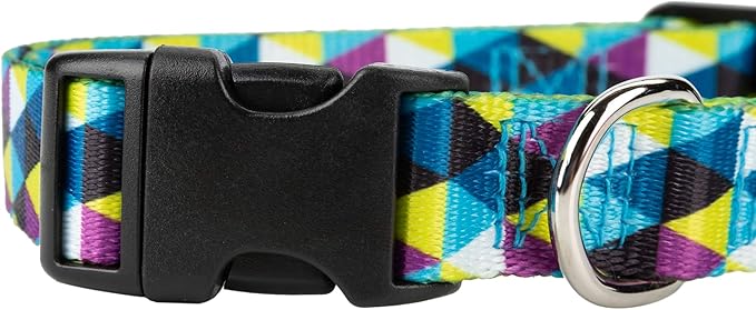 Mile High Life Dog Collar | Cute Puppy Collars | Lightweight Girl Dog Collar | Soft Boy Dog Collars | w Geometric Ocean Wavy Pattern (Blue/White Plaid, Small)