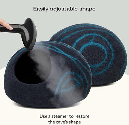 MEOWFIA Cat Cave  Premium Felt Cat Bed for Indoor Cats, Handmade 100% Merino Wool (Medium, Black Aqua)