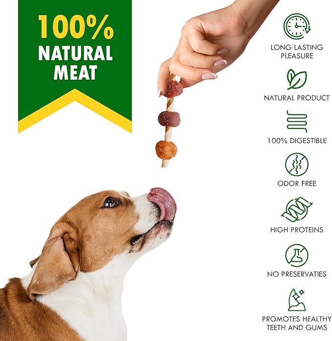 Kabobs Dog Rawhide Treats with Duck & Chicken Human Grade Meat - All Natural & Organic Dried Snacks - Grain Free Long Lasting Chews for Large & Small Dogs - Best Sticks for Training & Healthy Teeth