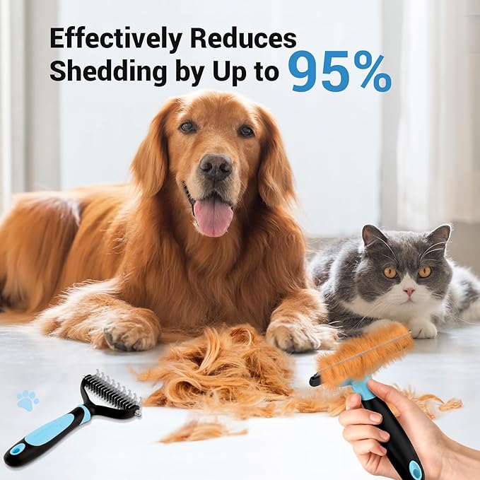 MIU COLOR Dog Brush Kit 2PCS, Deshedding Dog Brush & 2 Sided Undercoat Rake for Dogs & Cats, Long Medium Hair Deshedding Tool, Effective Dog Brush Set Removing Knots, Mats, Tangles, Extra Wide