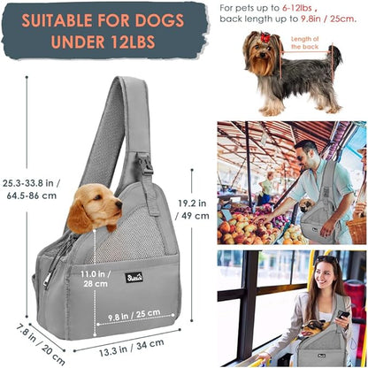 SlowTon Pet Dog Sling Carrier, Hands Free Hard Bottom Papoose Small Animal Puppy Up to 12 lbs Travel Bag Tote Breathable Mesh Support Adjustable Padded Strap Pocket Safety Belt Machine Washable