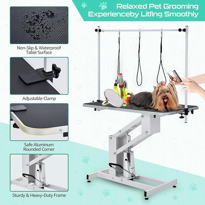 43.3" Hydraulic Dog Grooming Table for Pet, Heavy Duty Structural Hydraulic Max Load 350Lbs Professional Pet Grooming Table with Adjustable Overhead Arm & Noose Height Range 22''-39'' (WHITE)