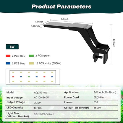 AQQA Aquarium Clip On Light,Fish Tank Full Spectrum LED Light,24/7 Sunrise Sunrise Mode+10 Adjustable Brightness Levels+Detachable Bracket+RGB LEDs + USB and Adapter,for Freshwater (8W)