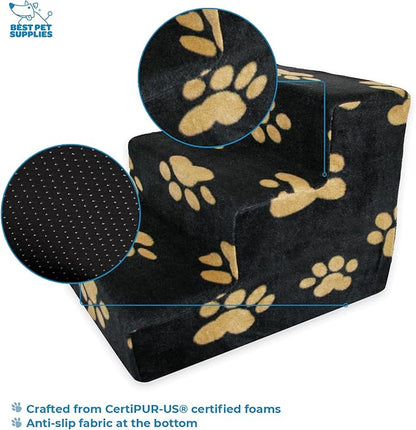 Best Pet Supplies Dog Stairs for Small Dogs & Cats, Foam Pet Steps Portable Ramp for Couch Sofa and High Bed Non-Slip Balanced Indoor Step Support, Paw Safe No Assembly - Paw Print on Black, 3-Step