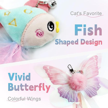 SONGWAY Cat Wand Toys for Indoor Cats - Cat Toy Set with Retractable Teaser Wand and 6 PCS Fairy Feather Toy Refills, Butterfly Tassel Plush Cat Toys Interactive, Pink