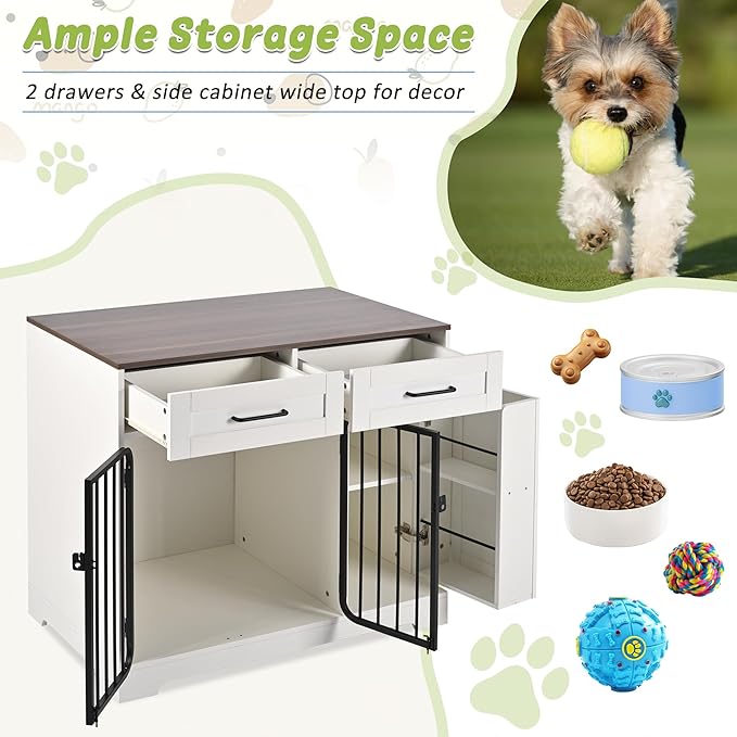 Ball & Cast 37.4" 2-in-1 Dog Crate Furniture,Modern Indoor Kennel with 2 Drawers&Storage Shelves,Double Doors&Double Locks Design for 26-40 lbs Dogs,Living Room,Kitchen,Entryway Side Table,White