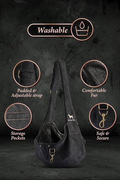 Noah & Paw Dog Sling Carrier for Small Dogs 5-18lb, Dog Sling for Small Dogs and Cats, Dog Carrier with Adjustable Padded Strap, Premium Denim, Lined with Fur, Double Safety Feature, Machine Washable