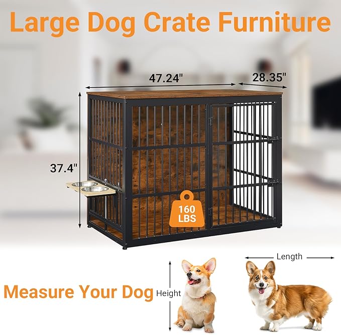 Dog Crate Furniture, 48 Inch Dog Kennel Furniture, Wooden Dog Crate Furniture Large Breed with Rotating Bowls, Heavy Duty Dogs Cage Furniture Indoor, Decorative Crates End Table, Brown