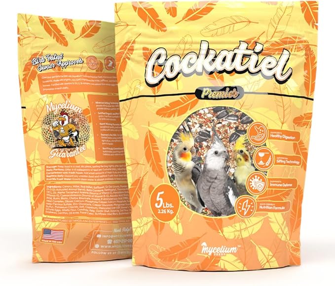 Mycelium Cockatiel Premier Bird Seed (5 LB Bag) | Organic Bird Food Fortified with Vitamins for Immunity, Energy & Digestion | Dust-Free, Daily Nutrition for Pet Birds | Non-GMO, USA Made