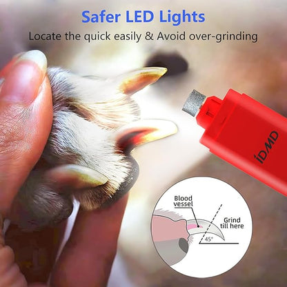 Dog Nail Grinder with Light Dog Nail Trimmers Quiet Powerful 2-Speed Rechargeable Electric Pet Nail Grinder File Toenail Clippers for Large Medium Small Dogs & Cats (Red)