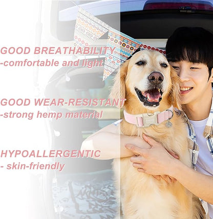 DOGWONG Cotton Hemp Dog Collar, Heavy-Duty Pink Dog Collar Adjustable Soft Natural Fabric Pet Cute Wedding Puppy Necklace for Small Medium Large Dogs