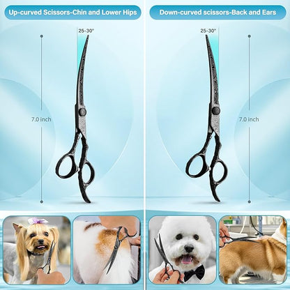 Dog Grooming Scissors,Black with Safety Round Tips,5 in 1 Curved Dog Scissors for Grooming,Professional Pet Grooming Shears Set for Dogs and Cats