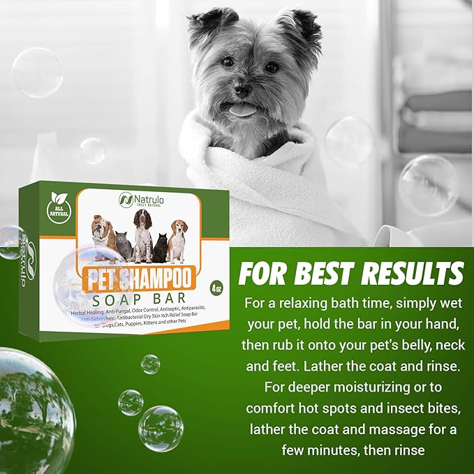 Natrulo All Natural Pet Shampoo Soap Bar for Dogs, Cats, Puppies – Herbal Healing Dry Skin Itch Relief, Odor Control Bar Soap for Pets – Gentle, Plant-Based, Easy-to-Use Pet Soap Bar Made in USA