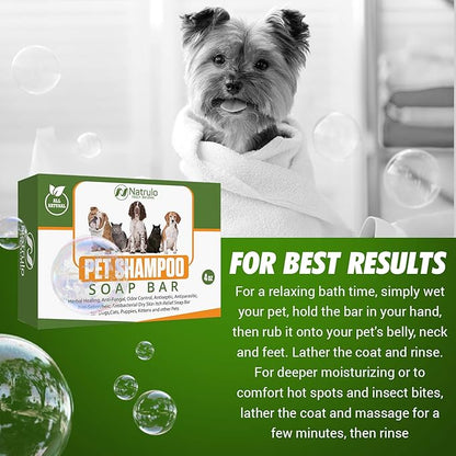 Natrulo All Natural Pet Shampoo Soap Bar for Dogs, Cats, Puppies – Herbal Healing Dry Skin Itch Relief, Odor Control Bar Soap for Pets – Gentle, Plant-Based, Easy-to-Use Pet Soap Bar Made in USA