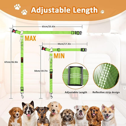 Removable Dog Seat Belts Harness for Car, 3 in 1 Pet Dog Car Seatbelt Leash, laqibak Restraint Secures to Headrest and Reflective Effect Adjustable Bungee Dog Seatbelt Tether, 2PCS and Poop Bag Holder