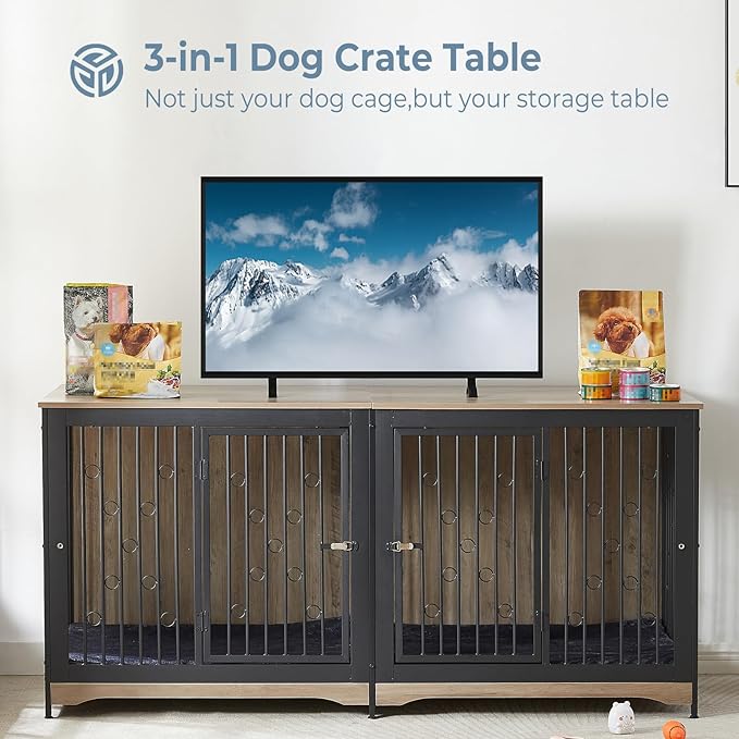 71'' Dog Crate Furniture for 2 Dogs, Wooden Double Dog Crate Large Breed with Door, XXL Indoor Dog Kennel TV Stand End Table with Divider for Large Medium Dogs, Grey