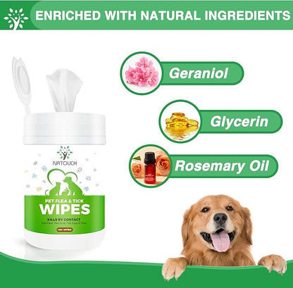 Flea and Tick Wipes for Dogs & Cats, Dog Flea and TIick Treatment Prevention Wipes, All Natural Grooming Wipes for Cleaning, Help with Ticks, Fleas, Eggs & Larvea, 160 Count