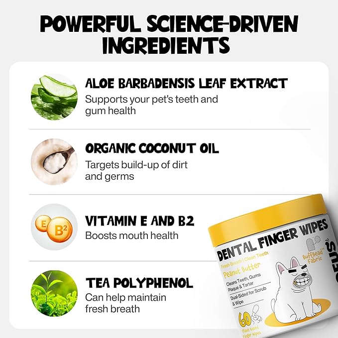 Teeth Cleaning Wipes 60 Packs - Peanut Butter Dental Wipes to Reduce Plaque & Tartar for Dogs & Cats - Pet Dental Wipes for Oral Freshness