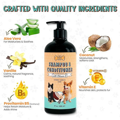 POM Pets 2-in-1 Organic Dog Shampoo & Conditioner – Itchy Skin Relief, Dog Deshedding, Detangles Fur, Cat Shampoo, Paw Cleaner for Dogs, Natural Coat Defense Formula