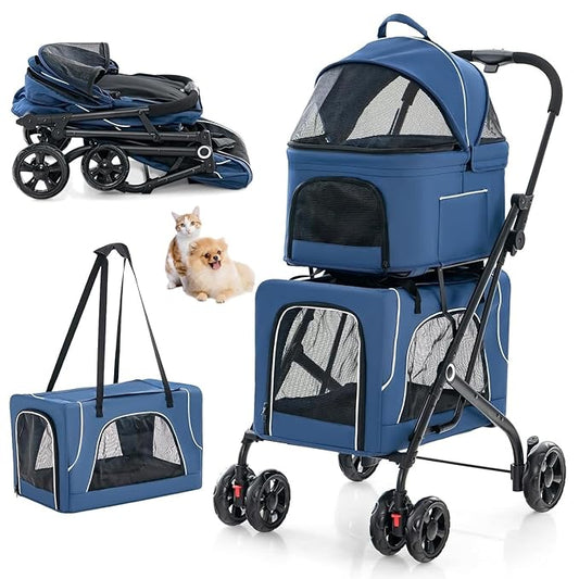 Double Dog Stroller, Foldable 3-in-1 Cat Stroller with 2 Detachable Carriers, Safety Belt, Washable Cover, Removable Pads, 4 Wheels Travel Pet Stroller for Small Medium Dogs (Blue)