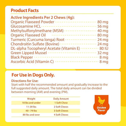 PENPENPET Hip and Joint Supplement for Dogs with Glucosamine for Dogs Chondroitin, MSM, and Turmeric to Support Joint Health, Promote Mobility (Chicken Chews, 180ct)