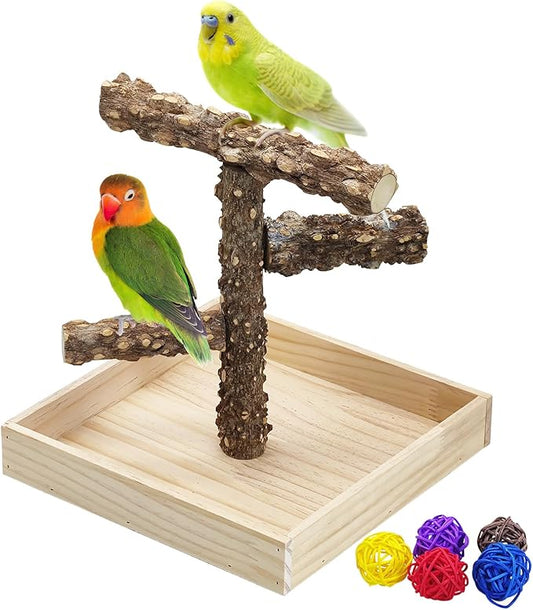 BNOSDM Portable Bird Perch Stand with Potty Tray, Natural Wood Tabletop Training Gym Parrot Playground Toy for Budgies, Cockatiels, Lovebirds,Conures Canaries