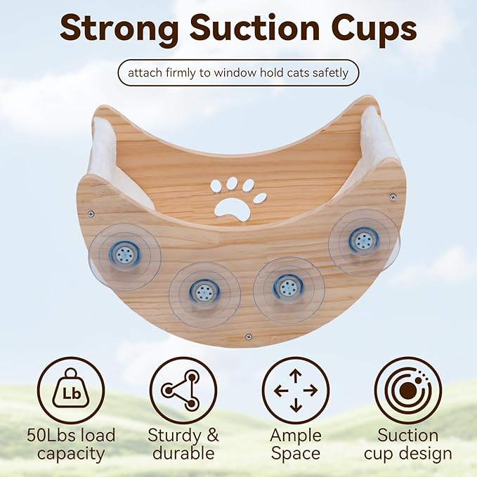 Cat Window Perch Hammock Bed for Indoor Cats Wooden Moon Cat Shelves with Strong Suction Cup Cat Furniture for Sleep Watch Birds Sunbathing Soft Warm Pet Bed