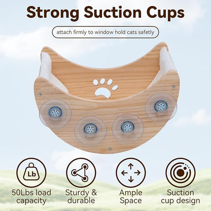 Cat Window Perch Hammock Bed for Indoor Cats Wooden Moon Cat Shelves with Strong Suction Cup Cat Furniture for Sleep Watch Birds Sunbathing Soft Warm Pet Bed