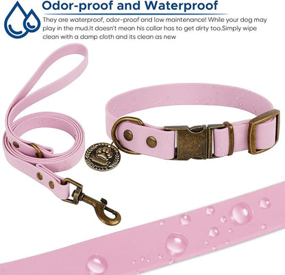 Wisedog Dog Collar and Leash Set, Waterproof Adjustable Puppy Collars with Cute Tag 6FT Dog Leash with Poop Bag for Small Medium Large Dogs (L, Pale Pinkish Purple)