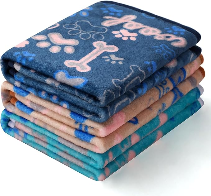 Luciphia 1 Pack 3 Blankets Fluffy Premium Fleece Pet Blanket Flannel Paw Bone Printed Throw for Dog Cat(Small 23"x16", Khaki/Blue/Navy)