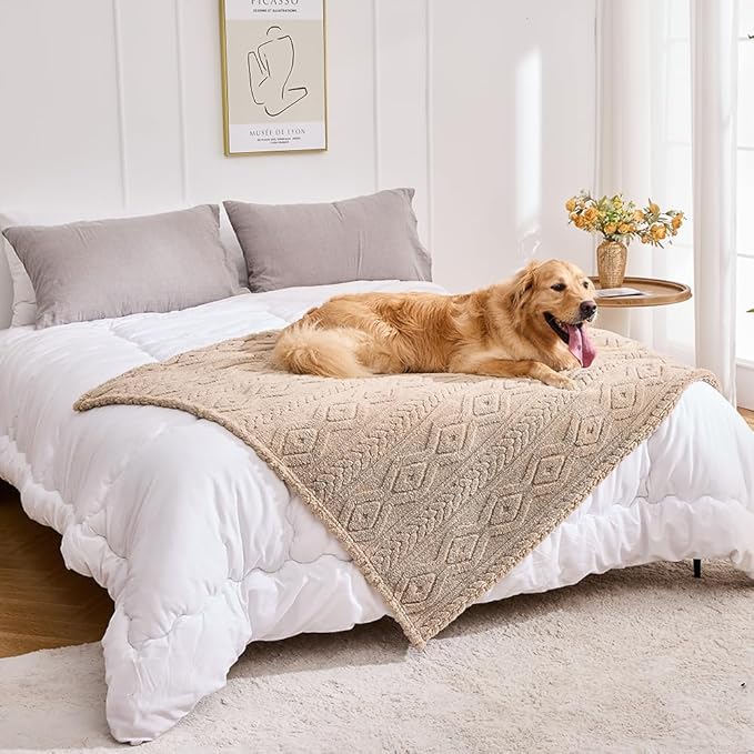 Qeils Jacquard Dog Blankets for Large Dogs, Cozy Calming Pet Blanket Washable for Couch Protection, 280GSM Coral Fleece Plush Fluffy Throw Blanket, Taupe Boho, 50x60IN