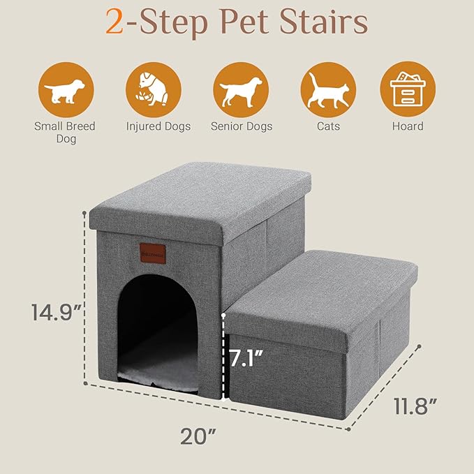 JOLLYVOGUE Dog Steps for Small Dogs, Cat Stairs with Storage, Non-Slip Dog Steps for Beds Couches, Folding Pet Stairs Helper for High Beds, Dog Ramp for Small Dogs and Cats or Pets Friendly, 2-Tiers